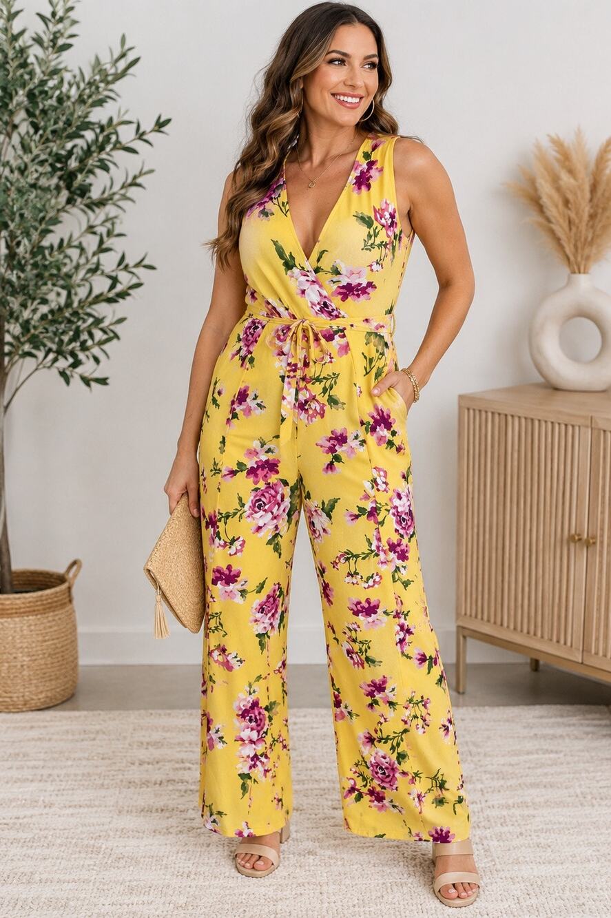 Favlux Yellow Floral Cropped Jumpsuit Large Sleeveless V Neck Tie Wide Leg NWOT
